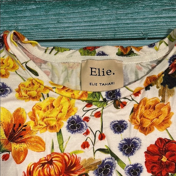 Elie Tahari Colorful Floral Short Sleeve Tee - Red, Yellow, Orange - Picture 2 of 2